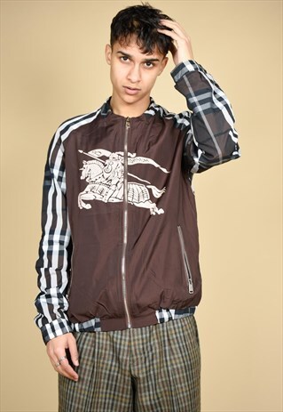 RARE BURBERRYS BROWN CHECKED PRINT LARGE LOGO BOMBER JACKET