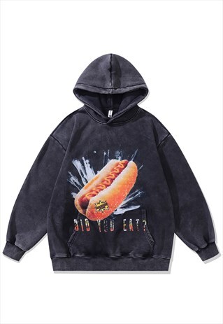 FAST FOOD HOODIE VINTAGE WASH PULLOVER RETRO JUMPER IN GREY