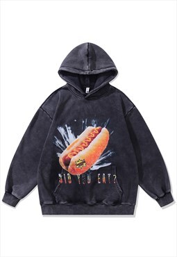 Fast food hoodie vintage wash pullover retro jumper in grey