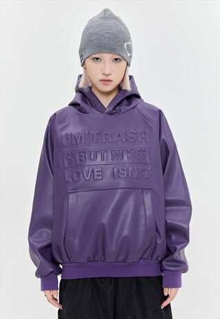 FAUX LEATHER HOODIE PU PULLOVER UTILITY PUNK JUMPER PURPLE