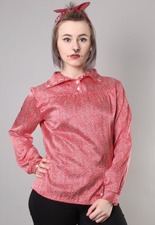 VINTAGE 70S HERRINGBONE PATTERNED SATIN BLOUSE