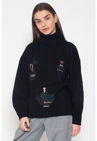 VINTAGE BLACK HIGH TURTLE NECK KNIT JUMPER SWEATER