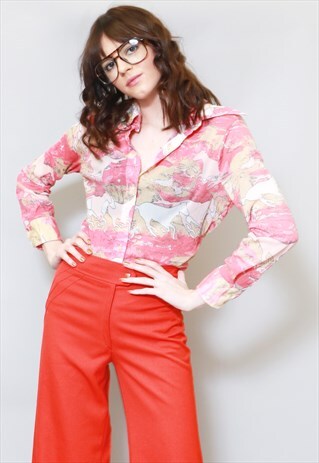 VINTAGE 1970'S PINK WILD HORSES PRINT DAGGER COLLAR SHIRT