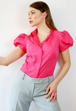 Big Puff Sleeves Vintage Blouse Shirt Bright Pink Y2k Top 