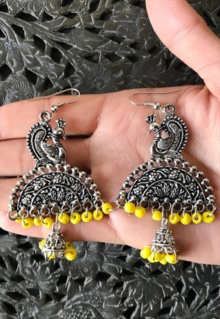 CHUNKY SILVER METAL PEACOCK EARRINGS YELLOW BEADS ETHNIC