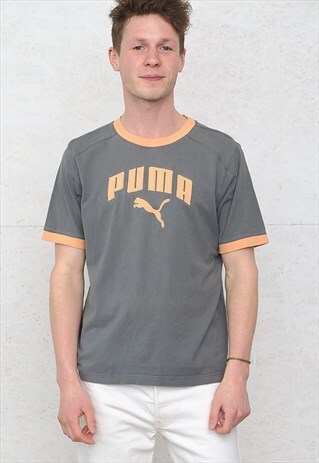 90S VINTAGE GREY AND ORANGE PUMA CREW NECK LOGO T-SHIRT