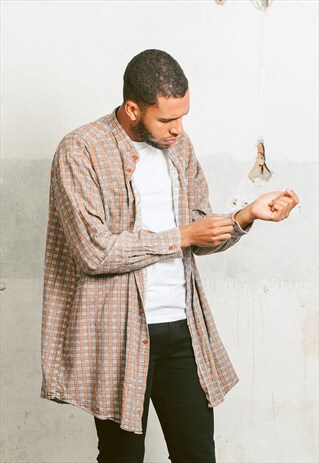 VINTAGE LONGLINE COLLARLESS PLAID SHIRT