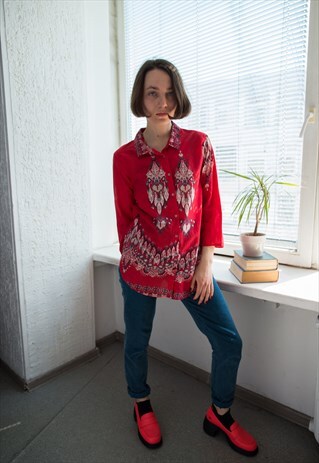 VINTAGE 70'S RED BATIK BOHEMIAN BLOUSE