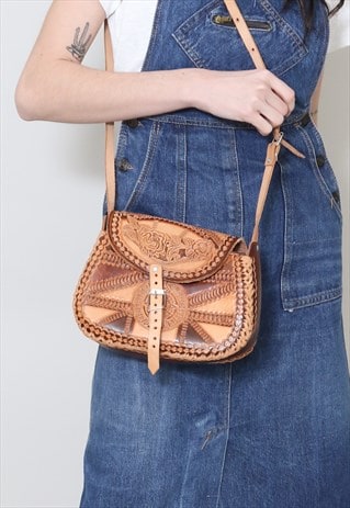 70's Vintage Bag Brown Woven Leather Tooled Hippy Shoulder