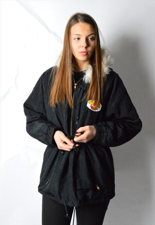 VINTAGE 90S BLACK SHELL PARKA JACKET WITH FAUX FUR HOOD