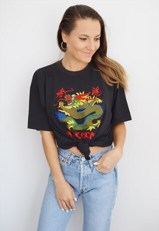 90S DRAGON PRINT VINTAGE BLACK T-SHIRT/TOP