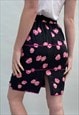 VINTAGE 1980'S BLACK PINK PENCIL FLORAL PENCIL SKIRT LADIES 