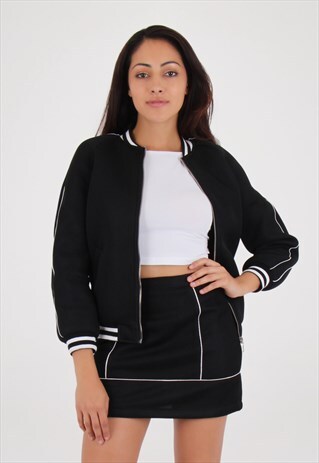 BLACK TEXTURED CONTRAST PIPING A-LINE SKIRT