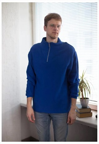 VINTAGE 80'S BLUE COTTON HIGH COLLAR JUMPER