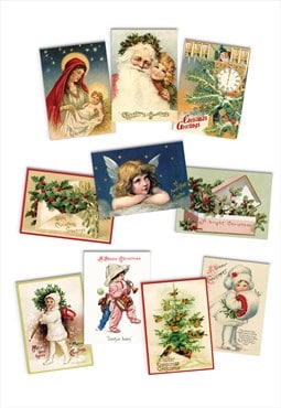 Christmas Greeting Cards Set of 10 Cute Kitsch Victorian Art