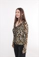 90S LEOPARD PRINT RUFFLE FRONT TIE BLOUSE, VINTAGE V-NECK 