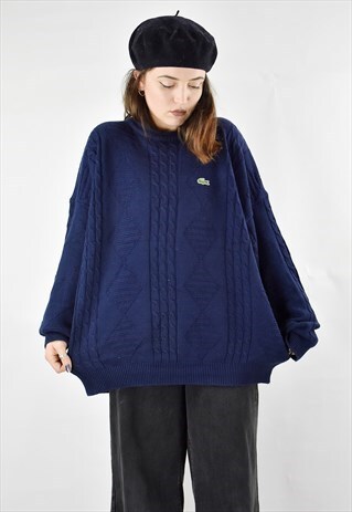 VINTAGE NAVY LACOSTE RETRO CABLE KNIT JUMPER