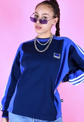 VINTAGE 90S ADIDAS JUMPER SWEATER BLUE WHITE STRIPES