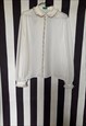VINTAGE 80S WHITE STRETCHY BLOUSE WITH RUFFLES, UK14/16 