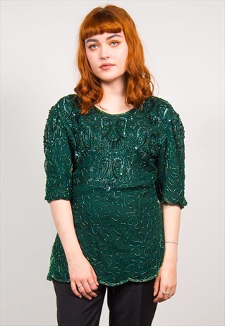 VINTAGE 90'S GREEN BEADED PATTERN EVENING TOP
