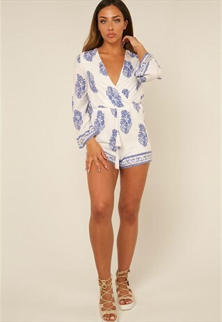 LEAF PRINT TASSEL PLAYSUIT - WHITE