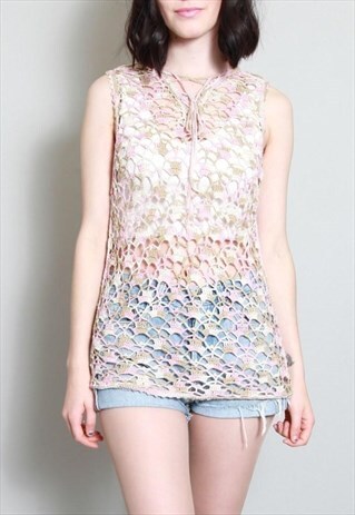 VINTAGE 1990'S PINK AND CREAM CROCHET FESTIVAL VEST TOP