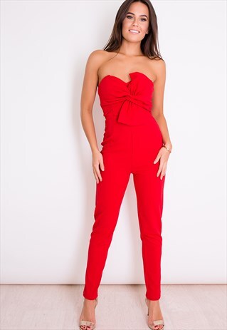 MAISIE KNOT FRONT STRAPLESS JUMPSUIT RED