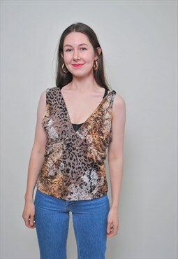 90s leopard print top, vintage blouse sleeveless v neck 