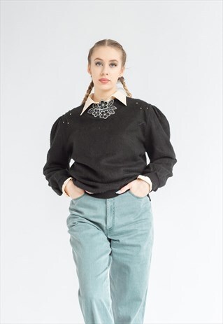 VINTAGE 80S PUFFY SLEEVE KNIT JUMPER WITH EMBROIDERED NECK S