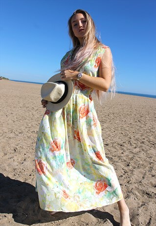 PALE YELLOW FLORAL PRINT SLEEVELESS MIDI DRESS