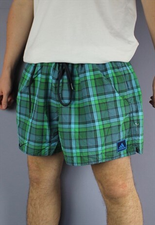 VINTAGE ADIDAS SHORTS IN BLUE AND GREEN PLAID WITH POCKETS,