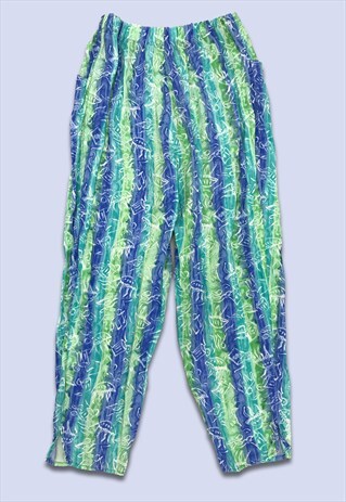 GREEN BLUE STRIPED PRINT ELASTICATED LOOSE FESTIVAL TROUSERS