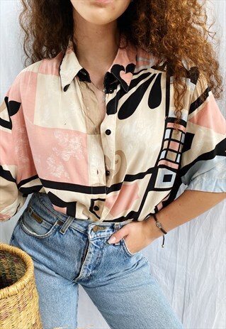 VINTAGE 80S ABSTRACT PASTEL PRINT HAUTE BOHEME BLOUSE TOP