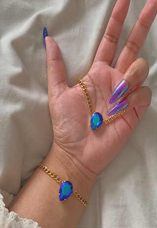ROYALE. BLUE TEARDROP CRYSTAL CHOKER NECKLACE AND BRACELET