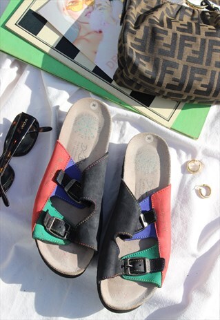 VINTAGE 90S Y2K DR. BRINKMANN PRIMARY COLOURS SUEDE SANDALS
