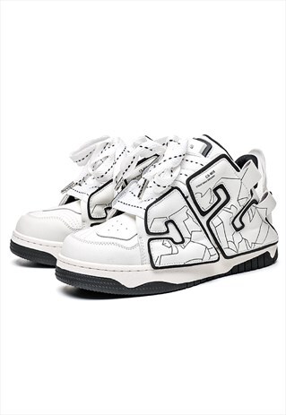 CHUNKY SOLE TRAINERS RETRO PATCH SNEAKERS SKATE SHOES WHITE