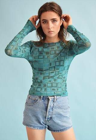 90'S RETRO ABSTRACT PRINT MESH SHEER KITSCH TOP