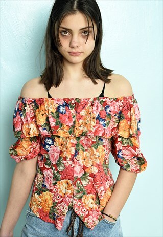 VINTAGE 80S FESTIVAL FLORAL OFF-SHOULDER BARDOT BLOUSE TOP
