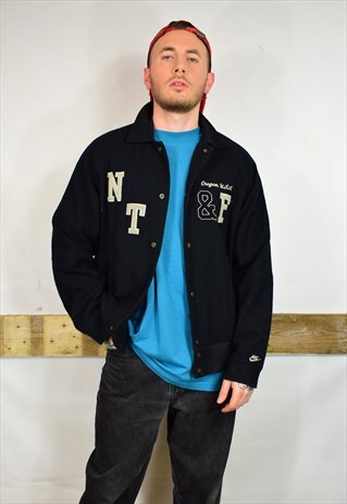 VINTAGE NIKE TRACK AND FIELD BLACK WOOL BOMBER JACKET
