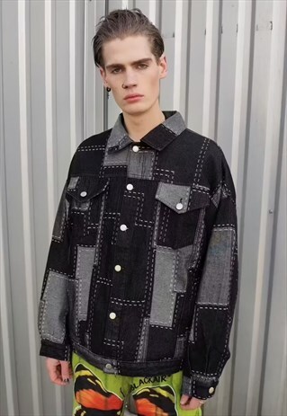 REWORKED STITCH DENIM JACKET COLOUR BLOCK JEAN COAT IN BLACK