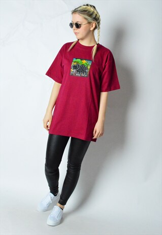 VINTAGE 90S BURGUNDY RED EMBROIDERED SUMMER T-SHIRT