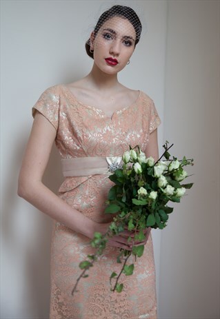 VINTAGE 60'S KNEE LENGTH, CAP SLEEVE, PINK LACE PARTY DRESS