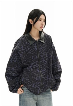 Leopard print bomber jacket in blue college varsity aviator