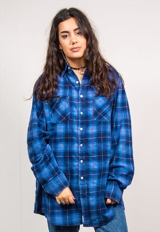 VINTAGE 90'S BLUE CHECKED OVERSIZED FLANNEL SHIRT