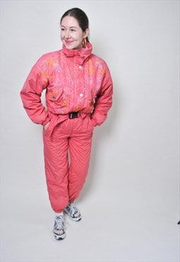 90s one piece ski suit, retro pink pattern snow suit