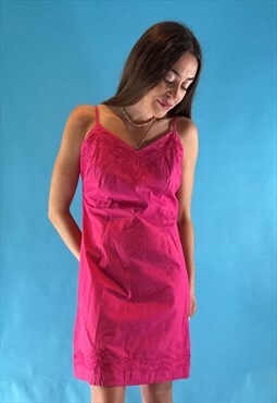 Vintage Hot Pink Paisley Embroidered Mini Slip Dress