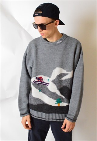 VINTAGE 80S GREY WOOL KNIT SKI JUMPER