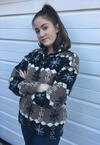 WOMENS VINTAGE 80S BEIGE BLACK PATTERNED FLEECE JACKET