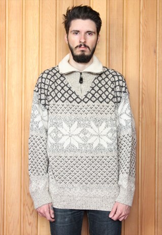 VINTAGE 1980S BEIGE AND GREY PATTERNED JUMPER