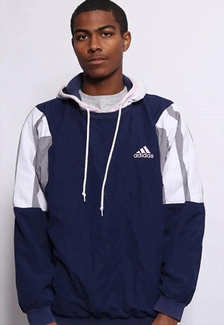 VINTAGE ADIDAS EMBROIDERED LOGO HOODIE BLUE